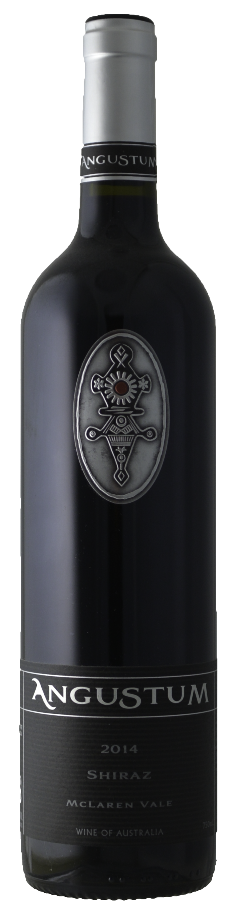 A bottle of Angustum 2014 Shiraz McLaren Vale red wine, featuring a dark glass bottle with a silver foil capsule and a black label with silver text.